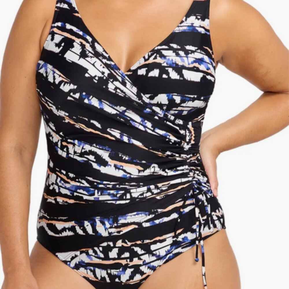 Artesands Rembrandt Black Multi Print Crossover Side One Piece Swimsuit Size 22